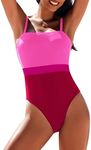 AI'MAGE Women's One Piece Swimsuit Square Neck Color Block Bathing Suit Tummy Control Swim Suits Vintage Retro Swimwear, Pink Red, Large