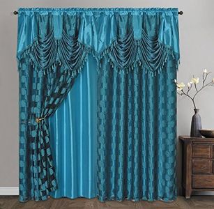 Circle Cycle. Clipped Voile/Voile Jacquard Window Curtain Panel Drape with Attached Fancy Valance & Taffeta Backing. 2pcs Set. Each pc 54" Wide x 82.5" Drop + 18" Valance. (Turquoise)