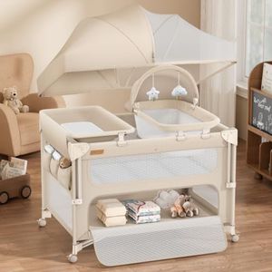 ANGELBLISS Baby Bassinet Bedside Crib, 5-in-1 One-Push Instant Fold Pack and Play with Changing Table, Napper Bassinet, Mattress & Mosquito Net, Portable Playard for Newborns to Toddlers (Khaki)