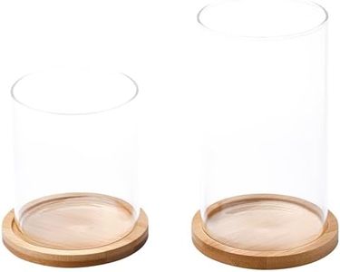 WHOLE HOUSEWARES Glass Candles Holders with Wooden Base - Tall Glass Hurricane Candle Holder - for Wedding Centrepieces - Table Decorations - Set of 2-4.3x3.9 and 6.2x3.9 (Wood Brown)