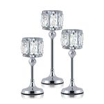 Set of 3 Cup Crystal Tealight Candle Holders, Centerpieces for Table Wedding Centerpieces Crystal Decorative Tealight Candle Dining Table Candle Holder Decor for Party (8.7"+10.6"+12.2", Silver)