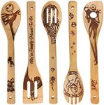 Nightmare Before Christmas Gifts - 5 PCS Wooden Spoon Set,Jack Skellington Pattern Burned Wooden Spatula for Cooking, Nightmare bBefore Christmas Kitchen Decor