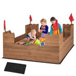 HONEY JOY Sandbox with Sand Wall, Cedar Bottomless Sand Pit Play Station for Backyard, 4 Red Flags & Bottom Liner, Side Bench & 2 Boxes, Wooden Sand Boxes for Kids Outdoor, Gift for Boys Girls