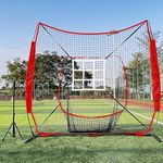 Qswrd Baseball Hitting Net Portable 7 x 7 ft Softball Practice Net Strudy Foldable Pitching Net Systems with Strike Zone - Batting Tee - Bow Frame and Carry Bag, Skill Levels, Red