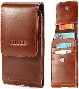 VIIGER Leather Cell Phone Holster for Belt, Flip Phone Case Smartphone Pouch for iPhone 15 Pro Max 16 Pro Galaxy S24 S23 S22, Belt Loop Clip, Universal Belt Pouch for Men Women, Brown