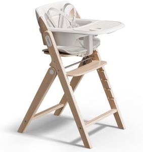 MAMAZING GrowPod Pro Wooden High Chair, Adjustable Grow-with-Me Baby High Chair with Dual Tray, Easy-Clean Surface, Compact Foldable Design, Included Detachable Guard & PU Cushion (Washed White)
