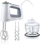 Braun Electric Hand Mixer, 9-Speed, Lightweight with Soft Anti-Slip Handle, Accessories to Beat & Whisk, Dough Hooks to Knead, & 2-Cup Chopper, White