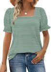 WIHOLL Plus Size Tops for Women Tunic Loose Fit Square Neck Short Sleeve Tshirts Fashion Green Stripe 3XL