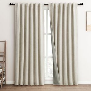 FLORECORD 100% Blackout Linen Curtains 52 Inch Wide x 84 Inch Long 2 Panels Set Thermal Insulated Textured Black Out Darkening Drapes for Bedroom Living Room Hook Belt/Back Tab/Rod Pocket, Beige