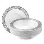 MATANA 20 Premium White Plastic Bowls with Silver Lace Rim, 360ml - Elegant, Sturdy & Reusable - Soup Dessert Bowls for Weddings, Birthdays, BBQ, Parties