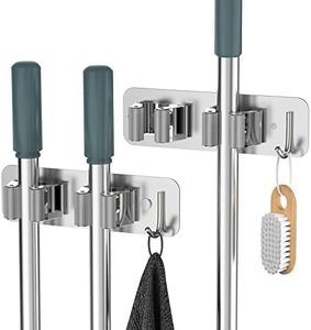Cosicosy Mop Broom Holder, SUS304 Stainless Steel Mop Holder Wall Mounted 2 Racks with Hook Broom Hanger 2 Pcs Broom Holder Self-Adhesive/Perforated (Include Screws), Silver