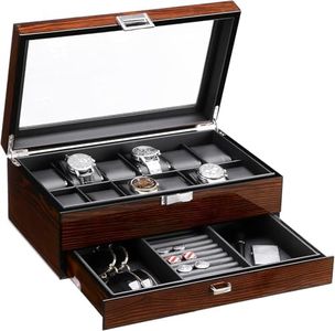 BEWISHOME 12 Watch Box with Valet Drawer, Luxury Watch Case,Watch Organizer for Mens Accessories with Real Glass Top,Metal Hinge, Brown SSH02Y