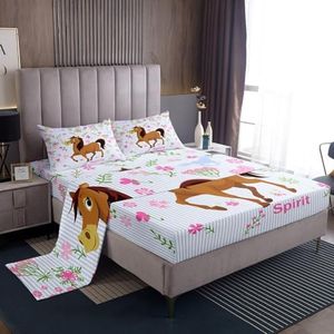 Girls Horse Sheet Set Kids Cartoon Farmhorse Floral Bedding Set for Toddler Baby Girl Pink Blue Stripe Bed Sheets Breathable Spirit Horse Animal Bed Sheet Set Room Decor Bed Set Full Size