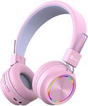 iClever Kids Bluetooth Headphones, Colorful Lights Headphones for Kids with MIC, Volume Control, Childrens Headphones Foldable on Ear for School/Travel