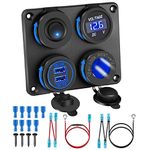 4 in 1 Charger Outlet Socket Panel, Dual QC 3.0 12V USB Power Outlet & Car Voltmeter Gauge & Cigarette Lighter Socket &ON Off Rocker Toggle Switch for Car Marine Boat RV Truck (Come with Wire)