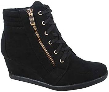 TZ 56 Womens High Top Sneakers Fashion Classic Lace Up Comfortable Wedge Walking Shoes, Black, 7.5