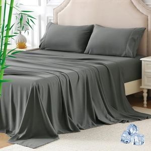 Hotel Bamboo Cooling Sheet Set 4 Pieces-Ultra Soft 2000TC Breathable Bed Sheets Set with 37 Centimetre Deep Pocket-Cooling Sheets for Hot Sleepers,Grey,Queen Size