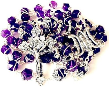 elegantmedical Handmade Amethyst Rosary Beads Necklace 925 Sterling Silver Cross Catholic Gift