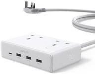 UGREEN Extension Lead with 4 USB Slots, 2 Way 2990W Max Multiple Plug with 1.5m Extension Cable, Compatible with iPhone 17/16/15/14, iPad Pro/Mini, Suitable for Home/Office, White