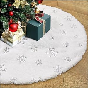 Christmas Tree Skirt, 48 inches Faux Fur White Tree Skirts, Plush Xmas Tree Skirt Mat for Christmas New Year Party Holiday Home Decorations (Silvery Snowflake)