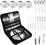 A · HOUSEWARE Camping Silverware Silver Picnic Plates and Utensils Set for 4 Portable Tableware Stainless Steel Flatware 20 Pieces With Organizer Bag Reusable Durable