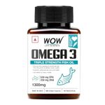 WOW Omega-3 Fish Oil 1300 mg Triple Strength 550mg EPA 350mg DHA, Burpless, Mercury free, Ideal for Keto Diet