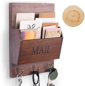DLQuarts Solid Wood Mail Organizer with Key Holder for Wall, Mail Sorter Wall Mounted, Decorative Wooden Key and Mail Holder with 3 Hooks, Dark Brown