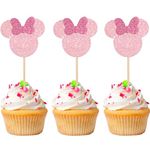 ZHUOWEISM 24 PCS Mini Mouse Inspired Cupcake Toppers with Bow Glitter Mini Cupcake Picks Decorations for Wedding Anniversary Baby Shower Kids Birthday Party Supplies Pink