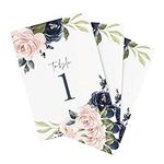 Bliss Collections Navy & Pink Floral Table Numbers 1-25 Plus Head Table Card, Double-Sided 4x6 Card Stock for Weddings, Receptions, Parties, Events, Wedding Decorations and Décor - Made in the USA