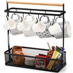 Hiceeden Coffee Cup Holder with Storage Basket, Coffee Mug Tree Rack with Handle, Coffee Cup Stand Coffee Station Bar Organizer for Countertop, Holds 8 Cups (Black)