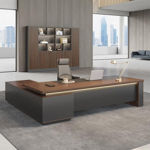 Nuipens 79 Inch Reversible L-Shaped Executive Desk for CEO & Manager, Office Workstation with Power Outlet & USB Ports, LED Ambient Lighting, Locking Storage Cabinet, Red Walnut & Black