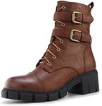 Tobfis Women's Combat Boots Side Zipper Buckle Chunky Heel Ankle Booties, Brown, 7 US