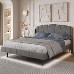 BTM Upholstered Bed 150 * 200cm, 5FT King Size Bed, King Bed Frame with Body-sensing LED Light at Bedside, Kingsize LED Bed, Grey Velvet Bed, No Mattress