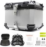 Festisoul Motorcycle Top Case, 55l Universal Motorcycle Rear Box, Aluminum Alloy Waterproof Tail Box, Motorbike Trunk Travel Luggage Storage Tour Tail Box Lockable, Flat Silver