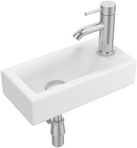 J-FAMILY Small Wall Mount Bathroom Sink Rectangle Ceramic Mini Vessel Sink Small Wash Hand Basin for Space-saving,Right Hand