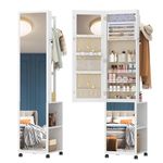 Hzuaneri 8 LEDs Jewelry Cabinet Armoire, 64.8"H Standing Jewelry Organizer with Garment Rack, Lockable Full-length Mirror with 4 Wheels, 3-tier Storage Shelves, 5-in-1 White and Beige JC17003BE