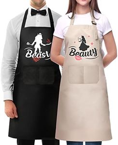 Gifts for Couples Funny Couple Aprons for Cooking|His and Hers Apron|Mr Mrs Kitchen Aprons Gifts|Engagement Anniversary Wedding Valentine’s Day Bridal Shower Gifts|Beauty Beast Aprons, Black Beige, 27.5 W x 31.5 L inch