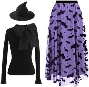 CHICWISH Women Purple Tulle Skirt Velvet Bats Midi Skirt and Bow Tied Knit Top and Black Hat Halloween Costume, Size S-M