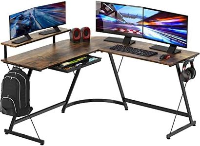 SHW Gaming L-Shaped Computer Desk with Monitor Stand, Rustic Brown