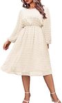 IN'VOLAND Women's Plus Size Swiss Dot Long Sleeve Chiffon Dress Flowy High Waist A Line Ruffle Babydoll Midi Dresses 16W-24W Beige