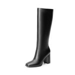 DREAM PAIRS Women's Knee High Boots Square Toe Chunky Heel Boots with Side Zip Fashion Tall Boots For Women, Black-pu, 8