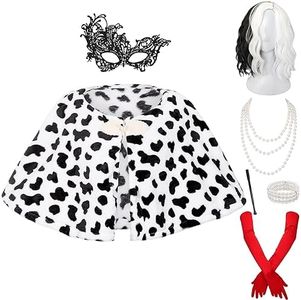 Mrsclaus Cruella C028 Costume pour femme Cruella Deville, perruque, écharpe, gants, support de cruella, collier de perles pour Halloween, fête à thème, carnaval, ensemble pour femmes et filles