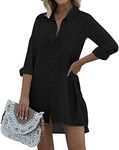 Ekouaer Women's Beach Bikini Cover Up Long Roll-up Sleeve Summer Button Down Coverup Shirt Black