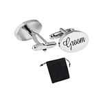 Virens Empourium Men's Wedding Cufflinks SILVER OVAL Cufflink, Groom Best Man Usher Page Boy and Many More Titles, Gift Pouch with Every Pair of Cuff Link (Groom)