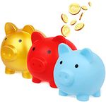 CCCYMM 3 Pcs Small Cute Piggy Bank Plastic Pig Money Bank Adults Piggy Bank Pig Money Box Coin Bank Plastic Saving Coin Box for Boys Girls Kids (Gold, Red, Blue)