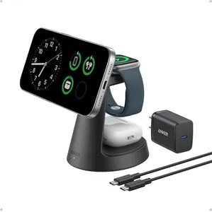 Anker MagSafe Charger Compatible, MagGo 3-in-1 Charging Station, Nano Charging Stand, Qi2 Certified 15W Magnetic Wireless Charger Dock, for iPhone17/16/15/14, Apple Watch,AirPods (Adapter Included)