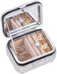 UPPWOO Mini Bling Travel Jewelry Organizer Portable Small Jewelry Storage Box Shining White Rhinestone Jewelry Holder Case for Women with Mirror for Birthday Bride Gift