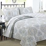 Cozy Line Home Fashions Sky Blue Tan Gray Microfiber Reversible Quilt Bedding Set, Coverlet, Bedspread (Blue-Gray, King - 3 Piece)