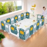 Metreno Playpen for Babies upto 5 year Baby Play Area Indoor Setup Foldable Play Yard Fence for Toddlers Kids Playarea Setup Outdoor Children Play Area with Gate, Balls, Basketball Stand, mat, drawing board sketch (16 PANEL, 6.4 * 5.8FT=37 SQFT)