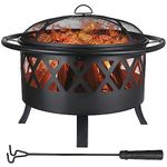 Garden Fire Pit, Diameter 81cm Fire Bowls, with Spark Protection and Poker, Fire Basket with Grill Grate (Diameter 58 cm), Large Outdoor BBQ Fire Pit, Black